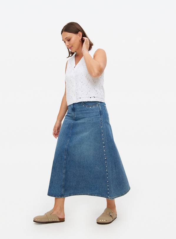 Mid Wash Studded Midaxi Denim Skirt 20